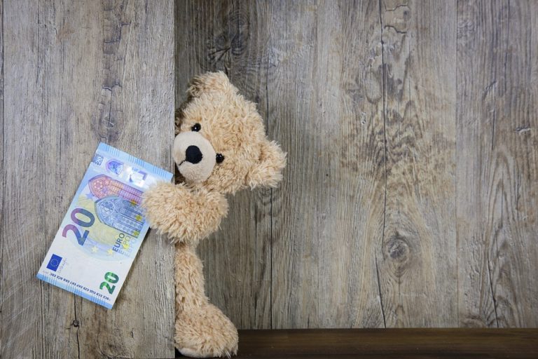 Plyšový medvěd a bankovky jako ilustrace výdajů na dárky