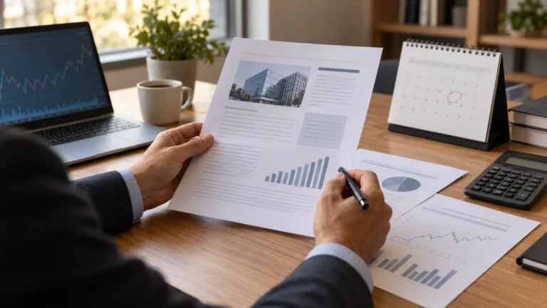 Investor kontroluje dokumenty k nabídce odkupu akcií u pracovního stolu.