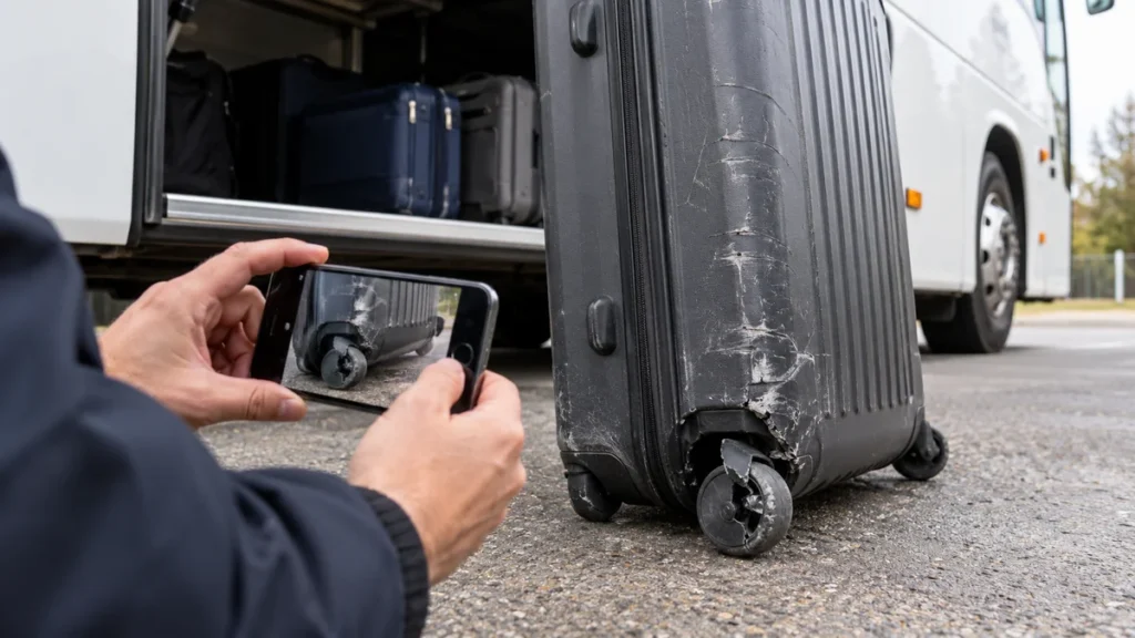 Cestující fotografuje prasklé kolečko kufru u zavazadlového prostoru autobusu.