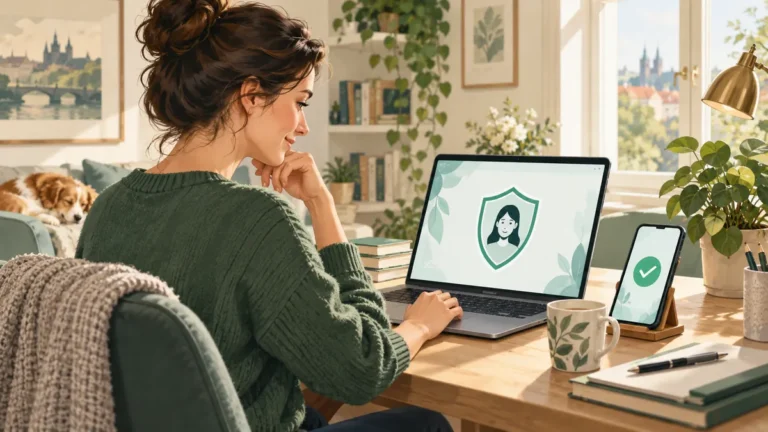 Ilustrace ověřování bankovní identity na počítači a telefonu