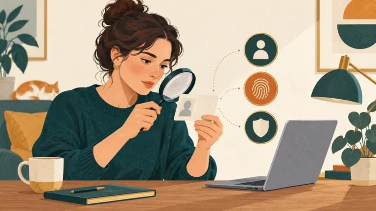 Žena porovnává identifikační kartu s údaji na notebooku pomocí lupy.
