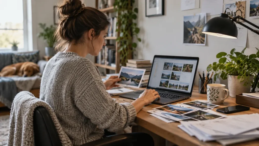 Žena třídí fotografie na notebooku u domácího stolu.