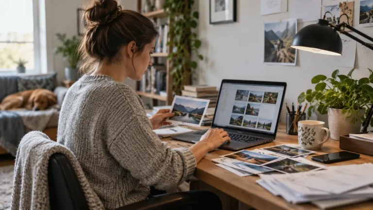 Žena třídí fotografie na notebooku u domácího stolu.