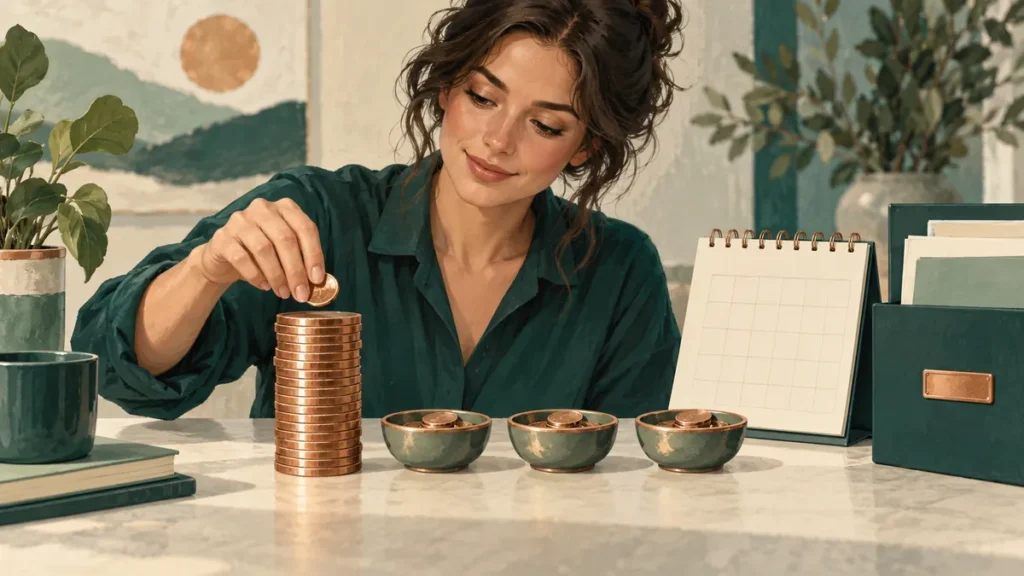 Žena řadí velkou hromádku jistiny a tři malé misky plateb u kalendáře.