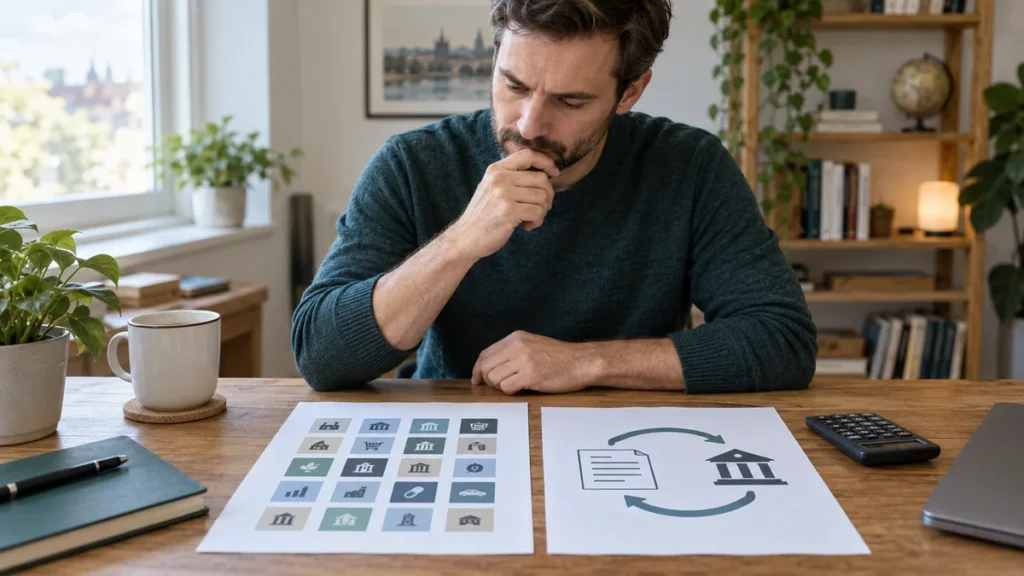 Člověk porovnává portfolio akcií a smluvní mechanismus sledování indexu u pracovního stolu.