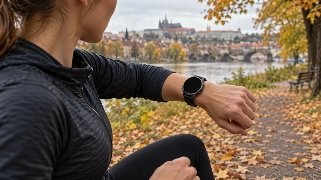 Sportovní hodinky na zápěstí běžce v parku