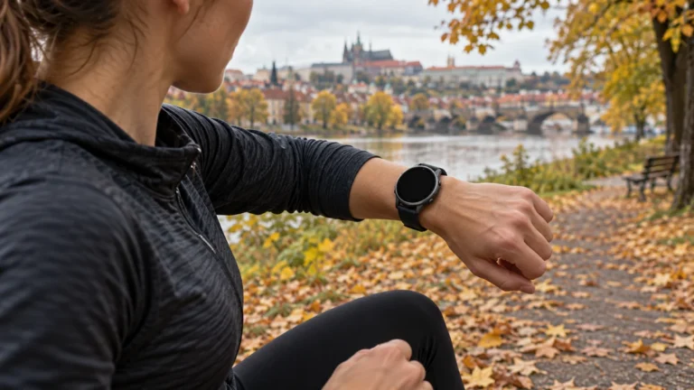 Sportovní hodinky na zápěstí běžce v parku