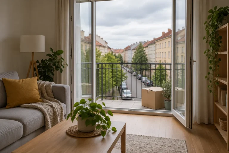 Balkonové dveře v bytě se stěhovací krabicí a rostlinou