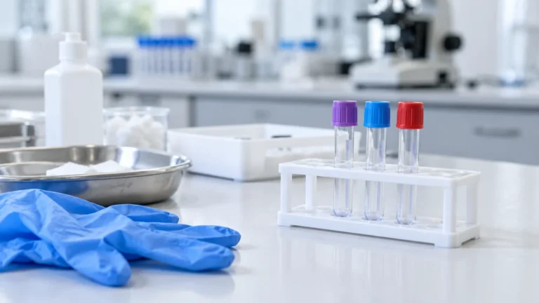 Odběrové zkumavky ve stojánku na laboratorním stole