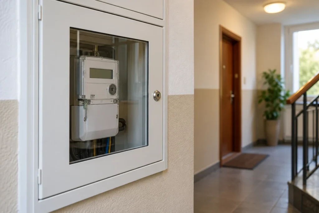 Elektroměr za uzavřenými dvířky v chodbě domu