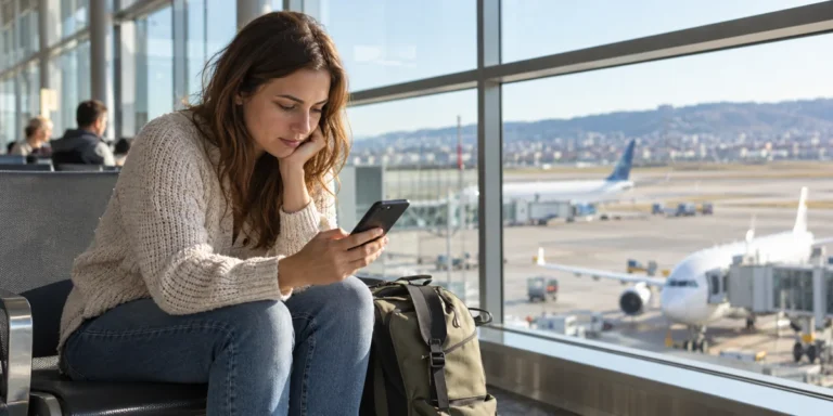 Cestující s telefonem a batohem v letištní hale