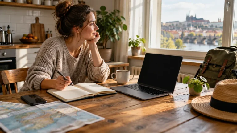 Notebook a otevřený zápisník při plánování cesty