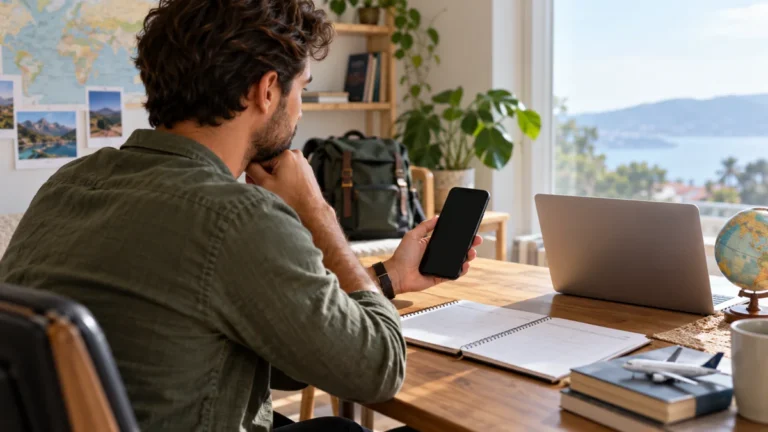 Telefon a notebook na stole při plánování letu