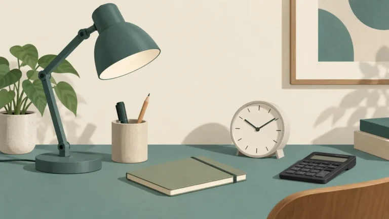 Střídmá ilustrace lampy, hodin a kalkulačky na pracovním stole.