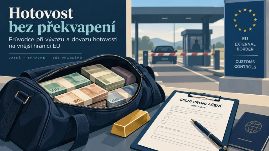 Ilustrace cestovní tašky s hotovostí, zlatým slitkem a formulářem u celního stanoviště.