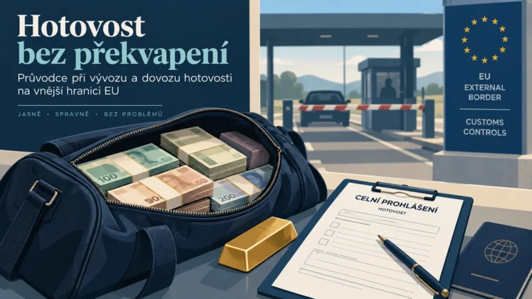 Ilustrace cestovní tašky s hotovostí, zlatým slitkem a formulářem u celního stanoviště.