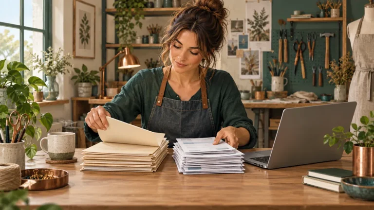 Podnikatelka ve své dílně uspořádává složky a platební podklady