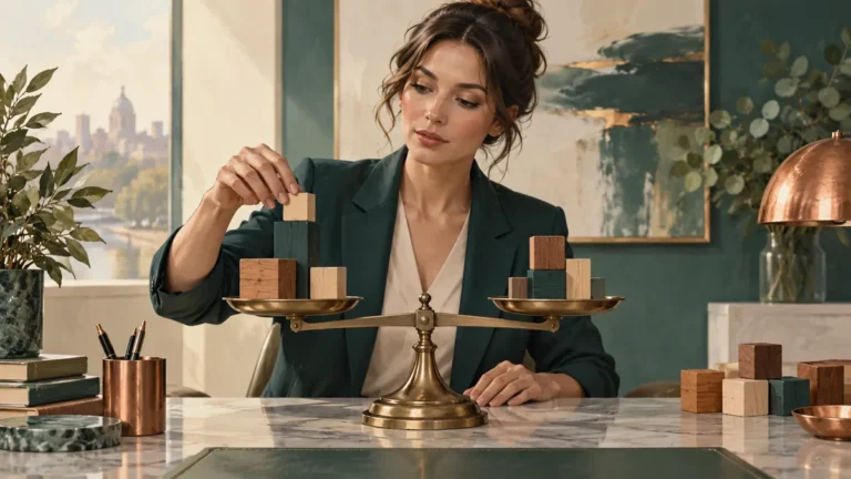 Žena uspořádává různě velké firemní kostky na miskových vahách.