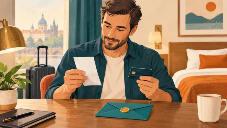 Muž porovnává hotelové potvrzení, kartu a oddělenou rezervu.