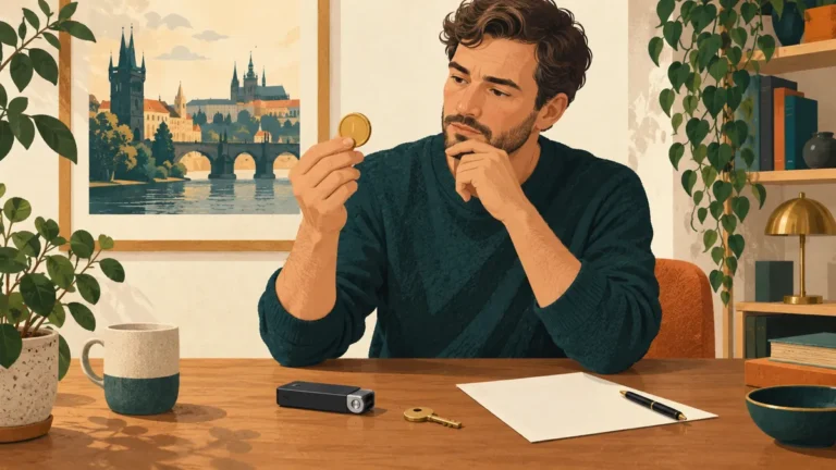 Muž kontroluje digitální token, hardwarovou peněženku a klíč.