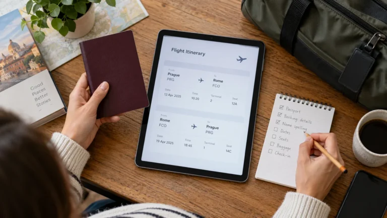 Cestující porovnává cestovní pas s itinerářem na tabletu a kontrolním seznamem.