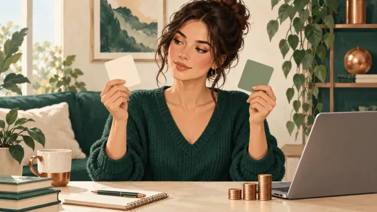Žena porovnává dvě karty pokynů u notebooku a hromádek mincí.