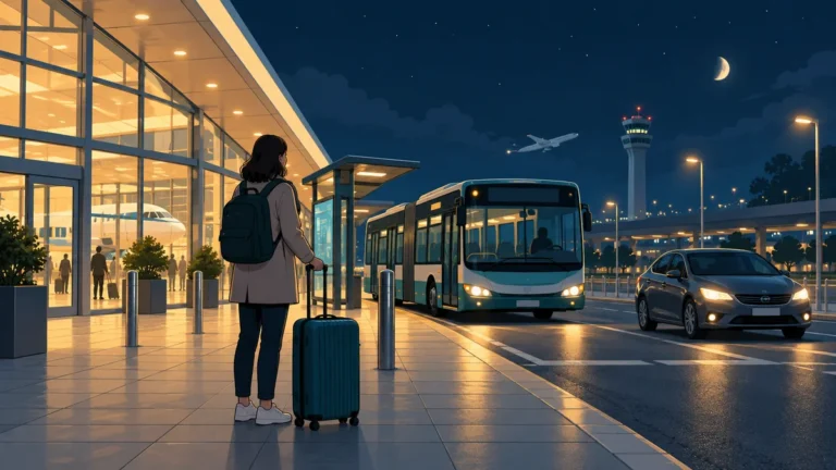 Ilustrace nočního letiště s cestujícím, autobusem a alternativním přímým autem.
