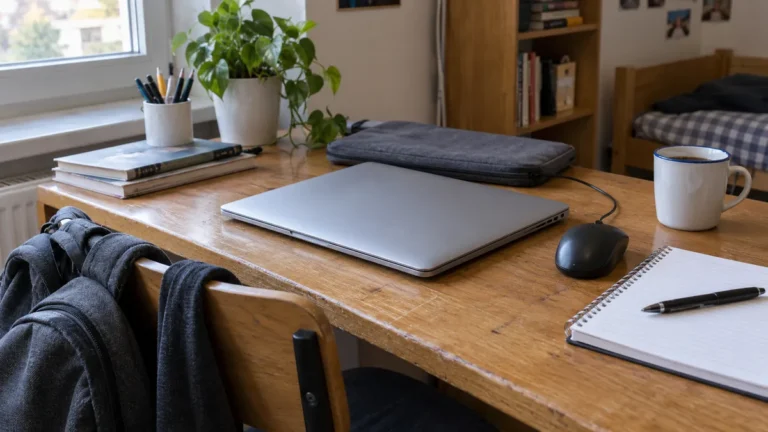 Notebook a školní batoh na běžném domácím pracovním stole.
