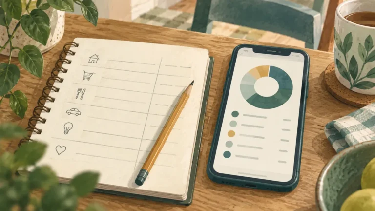 Ilustrace papírového zápisníku vedle telefonu s rozpočtovým přehledem