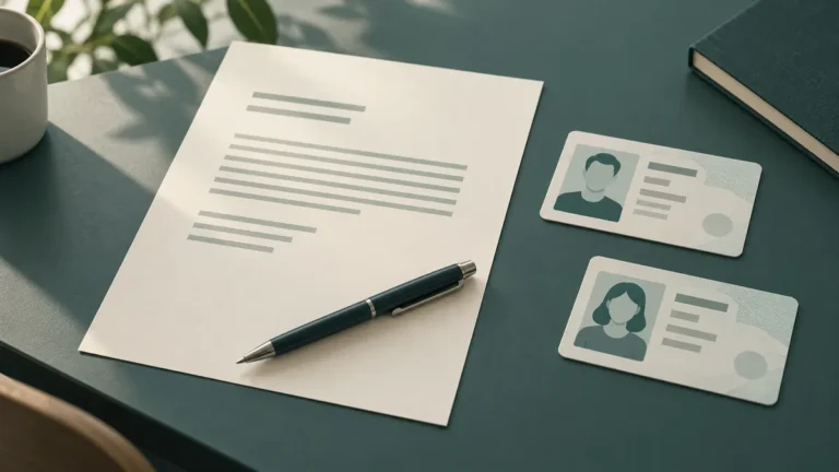 Jednoduchý dokument, pero a dvě symbolické identifikační karty.