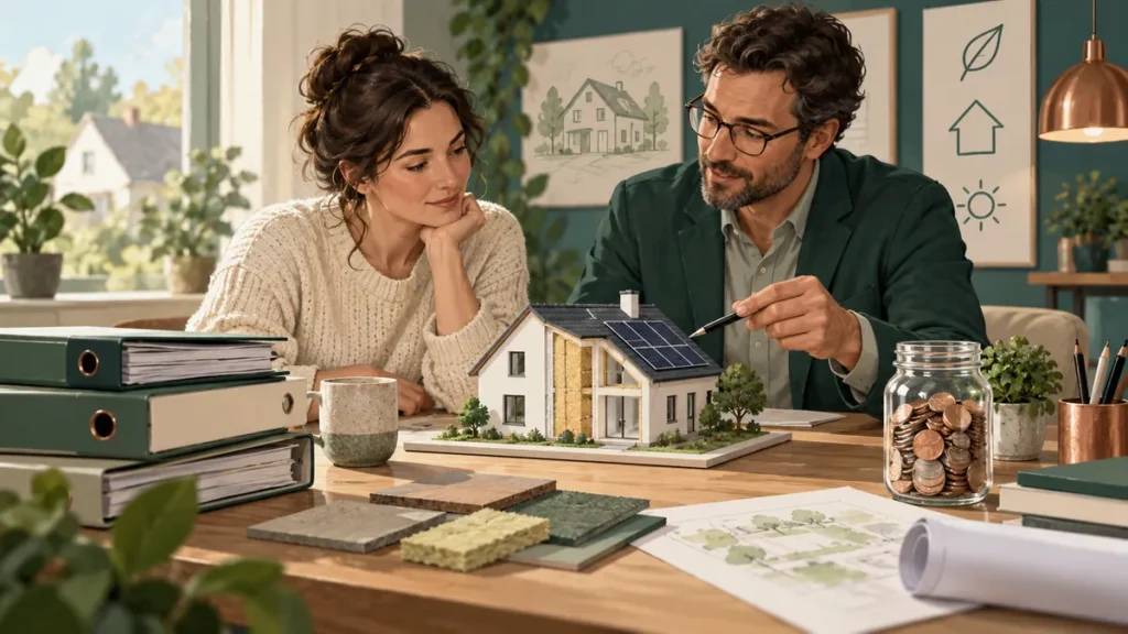 Energetický poradce a majitelka probírají návrh domu a podklady k renovaci.