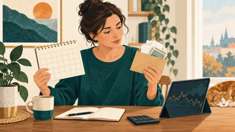 Žena porovnává kalendář výdajů s obálkou peněz a kolísavým grafem.