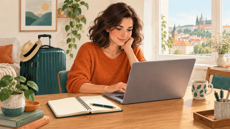 Žena plánuje náklady pracovního pobytu s notebookem a zavazadlem.