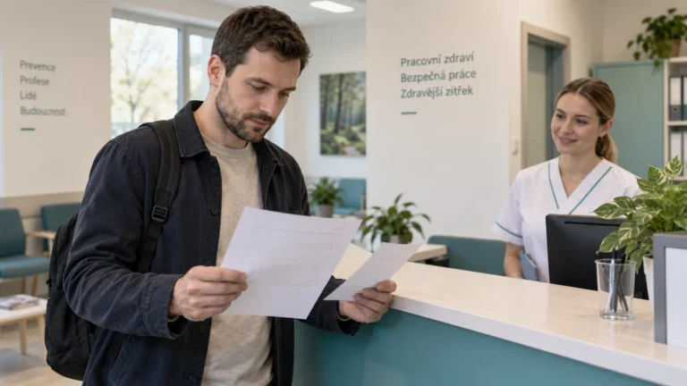 Uchazeč na recepci pracovnělékařské ordinace kontroluje žádanku a doklad o platbě.