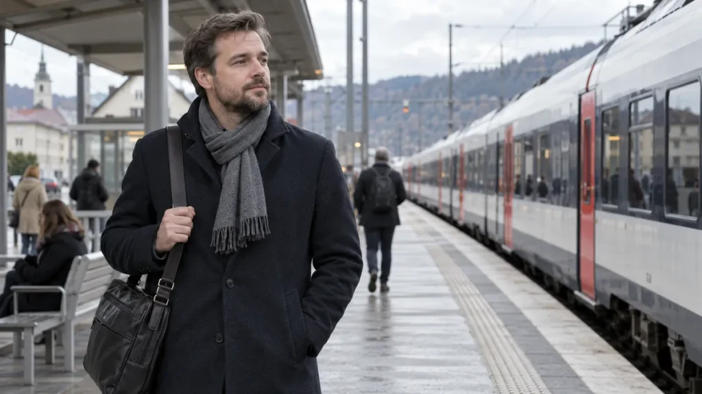 Dospělý dojíždějící s pracovní taškou čeká na vlak na regionálním nástupišti.