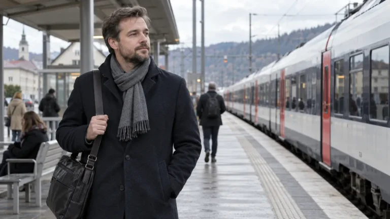 Dospělý dojíždějící s pracovní taškou čeká na vlak na regionálním nástupišti.