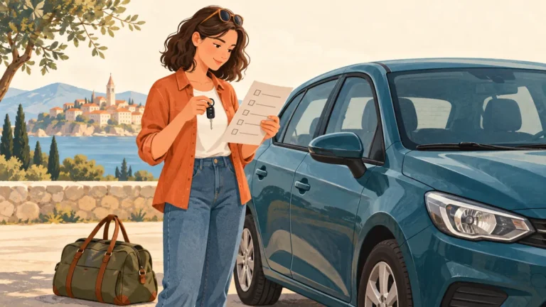 Žena kontroluje půjčené auto, klíče a doklady před cestou.