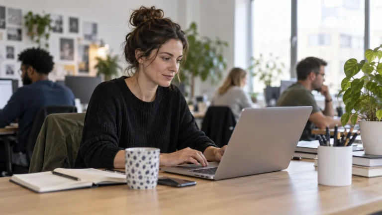 Žena pracuje u sdíleného stolu v běžné coworkingové kanceláři.