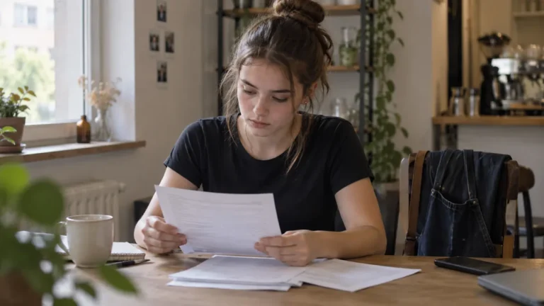 Dospělá studentka kontroluje podklady první odměny z brigády.