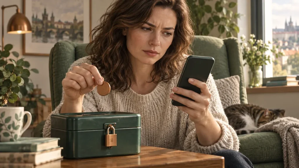 Žena zastavuje platbu v telefonu a promýšlí podezřelou nabídku půjčky