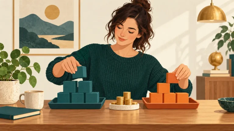Žena upravuje rozložení barevných kostek ve dvou miskách.