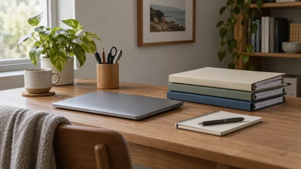 Uspořádané složky a zavřený notebook na domácím stole.