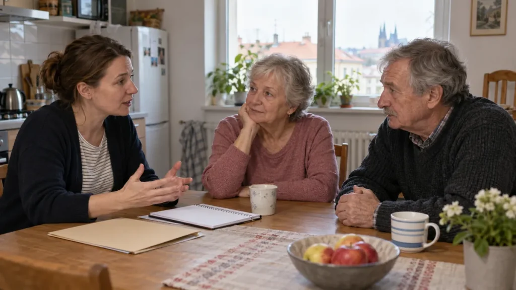 Dospělá dcera a starší rodiče probírají podklady k bydlení u kuchyňského stolu.