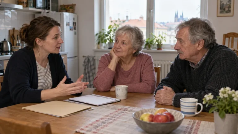 Dospělá dcera a starší rodiče probírají podklady k bydlení u kuchyňského stolu.