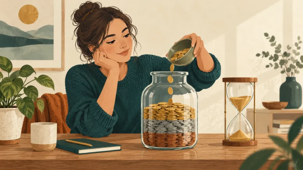 Žena přisypává mince do sklenice vedle přesýpacích hodin.