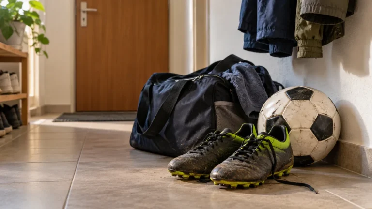 Použitá sportovní taška, míč a dětské boty v předsíni.
