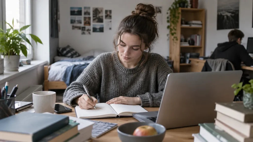 Studentka připravuje rozpočet v pokoji se spolubydlením.