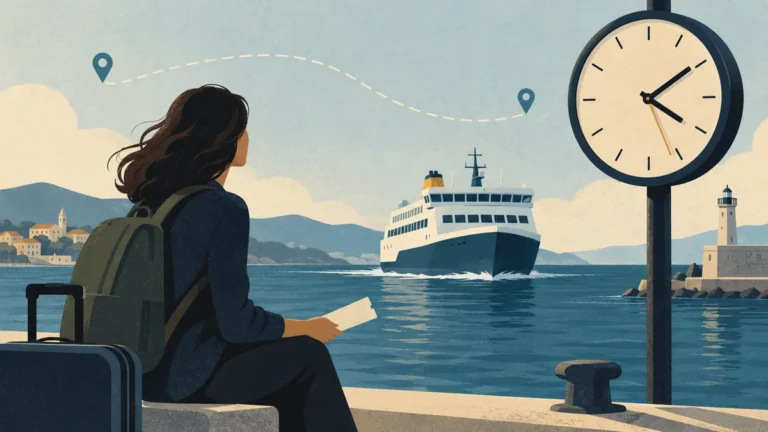 Ilustrace cestující u trajektu s hodinami a jízdenkou při opožděné plavbě.