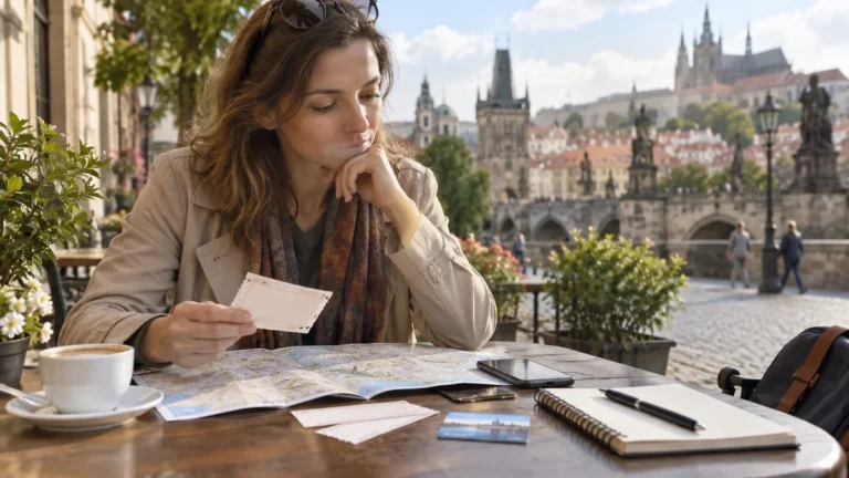 Turista porovnává městský program, vstupenky a turistickou kartu u mapy.
