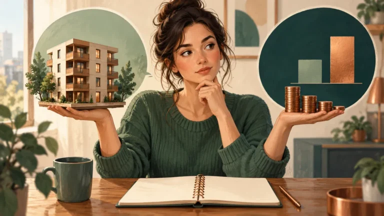 Žena porovnává model bytového domu, mince a jednoduchý graf výnosu.